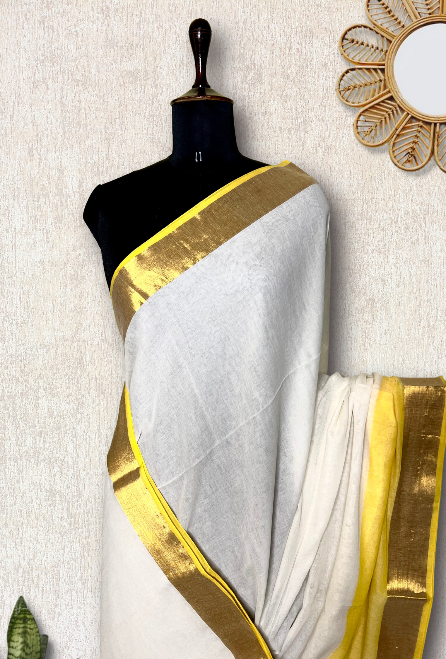 Handwoven Cotton Saree - Cream + Energy Yellow