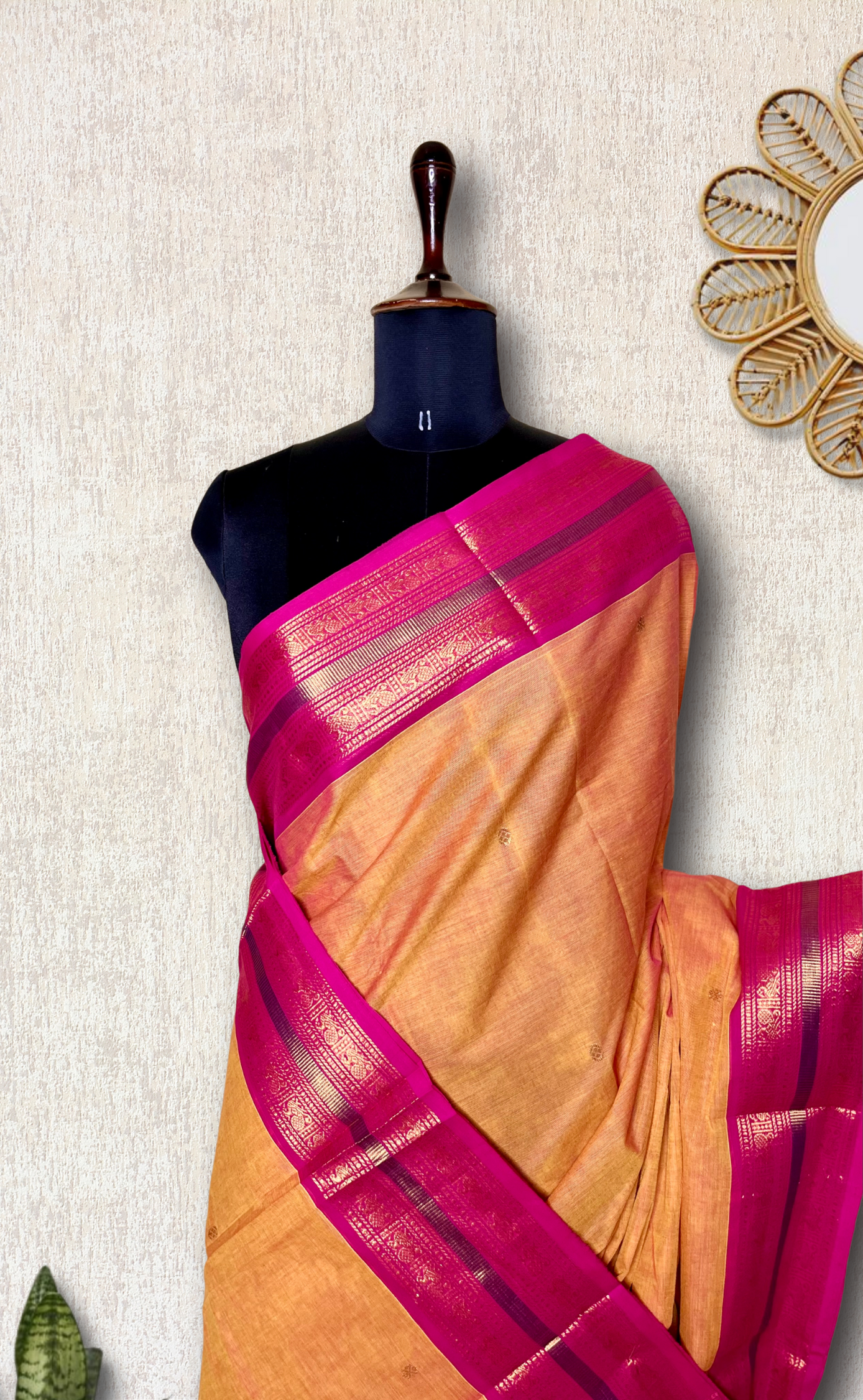 Chettinad Cotton Saree -  Bright Sun + Crimson Pink