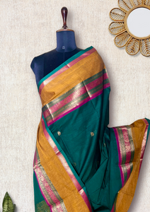 Kanchi Cotton Saree - Bottle Green + Zest Copper