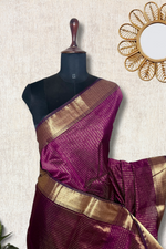 Load image into Gallery viewer, Handwoven Maheshwari Silk Cotton Saree - Brownish Purple+ Gold
