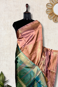 Handwoven Art Silk Saree -  Brown Rust + Green