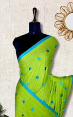 Load image into Gallery viewer, Handcrafted Cotton Saree - Earls Green + Bright Turquoise
