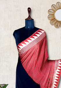 Ajrakh Modal Silk Hand Block Printed Saree - Madder Red Stripes + Black