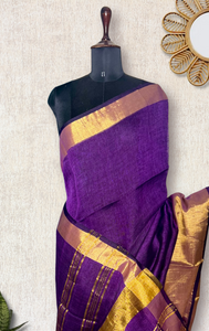 Handwoven Linen Saree - Grape Violet + Gold