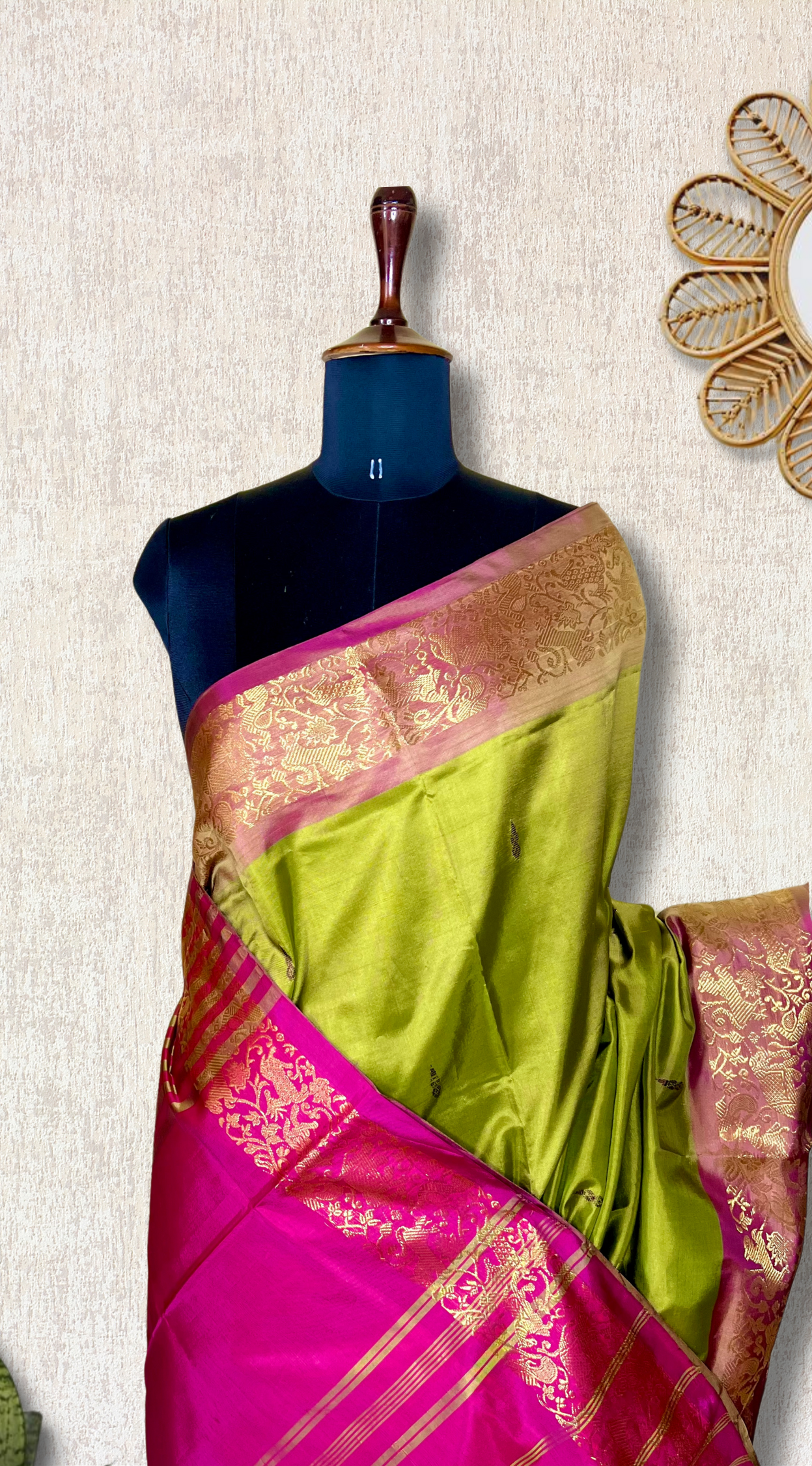 Handwoven Art Silk Saree -  Lime Green + Cerise Pink