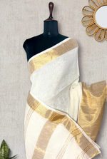 Load image into Gallery viewer, Handwoven Linen Saree - Pearl White + gold
