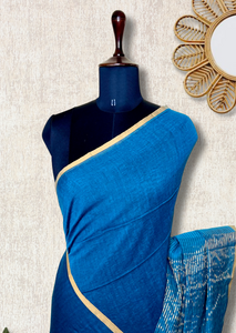 Handwoven Cotton Saree -  Teal Blue + Gold