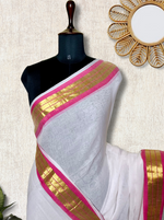 Load image into Gallery viewer, Handwoven Cotton Saree - Seashell white + Hibiscus Pink
