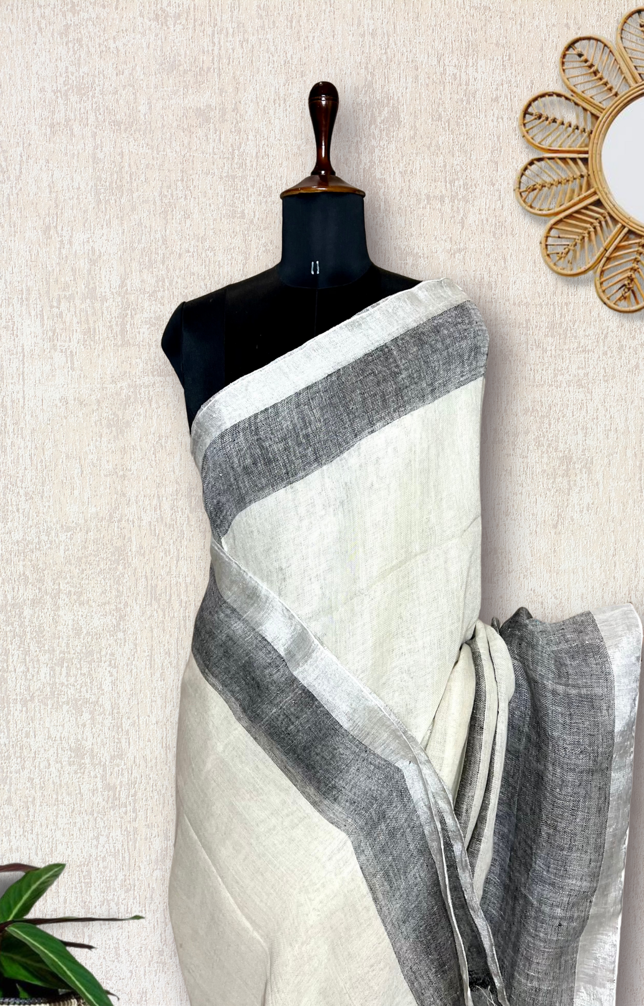 Handwoven Linen Saree - Pearl White + Sky Gray