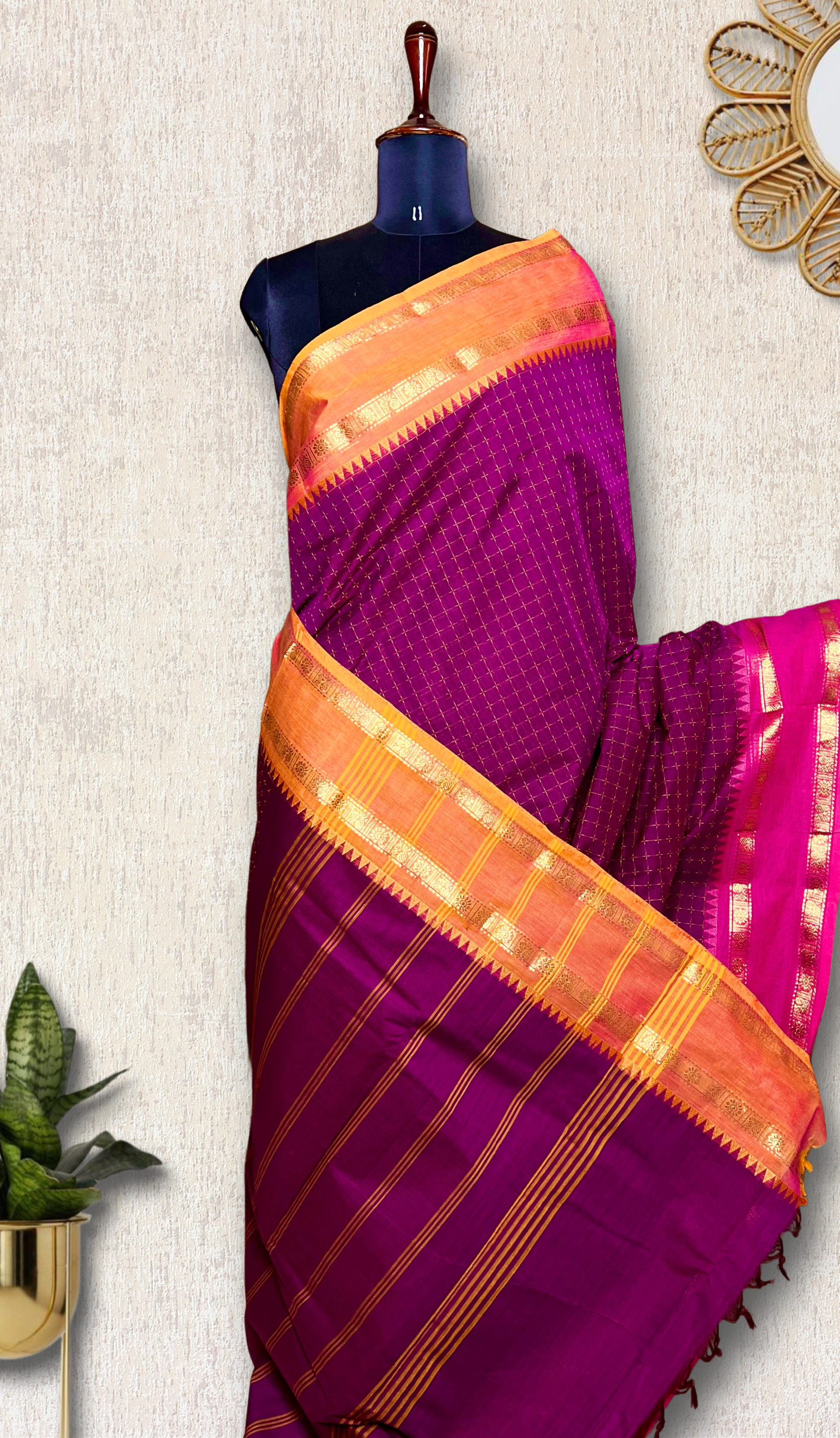 Chettinad Cotton Saree - Red Violet + Golden Grass