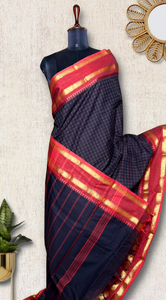 Chettinad Cotton Saree - Knight Black + Red