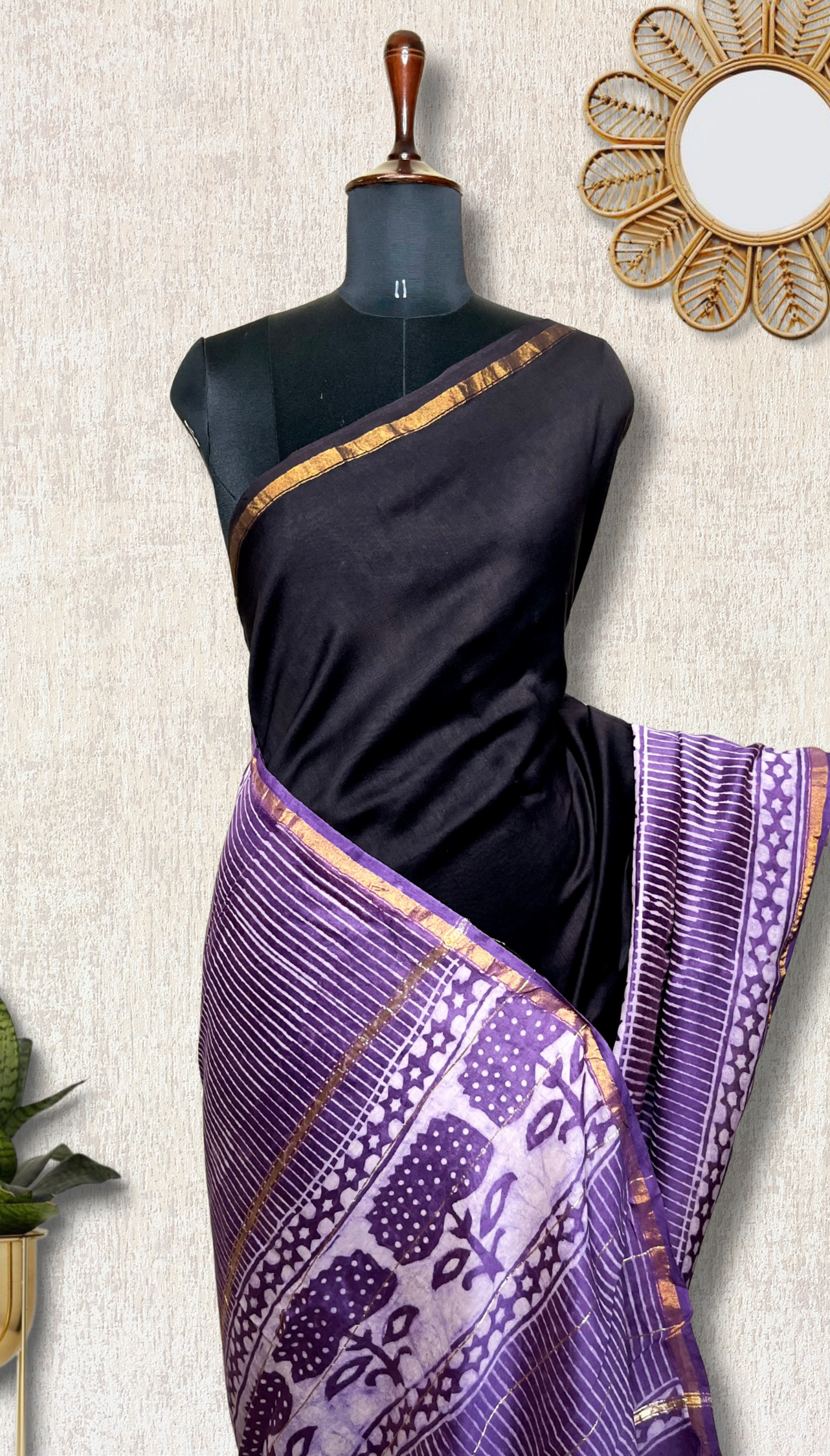 Handblock Printed Silk Cotton Saree - Cinder Black + Trendy Violet