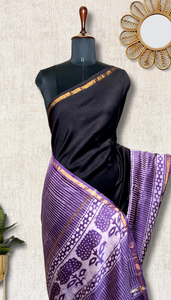 Handblock Printed Silk Cotton Saree - Cinder Black + Trendy Violet