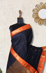 Load image into Gallery viewer, Chettinad Cotton Saree - Thunder Black +  Blaze Orange
