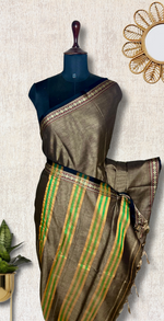 Load image into Gallery viewer, Narayanpet Cotton Saree - Warm Grey + Charcoal Black

