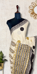 Load image into Gallery viewer, Handcrafted Cotton Saree -  Mist Cream + Sand Brown
