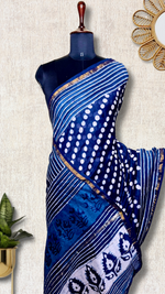 Load image into Gallery viewer, Handblock Printed Silk Cotton Saree -  Deep Sapphire Blue + Merino White
