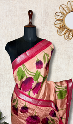 Load image into Gallery viewer, Handwoven Mangalgiri Silk Cotton Saree - Rose Gold + Purple Red
