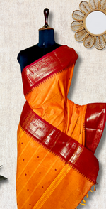 Load image into Gallery viewer, Chettinad Cotton Saree - Pumpkin Orange + Bright Red
