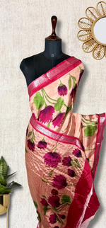 Load image into Gallery viewer, Handwoven Mangalgiri Silk Cotton Saree - Rose Gold + Purple Red
