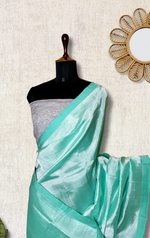 Load image into Gallery viewer, Handwoven silk cotton saree - Pale Turquoise + Tissue Grey
