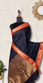 Load image into Gallery viewer, Chettinad Cotton Saree - Thunder Black +  Blaze Orange
