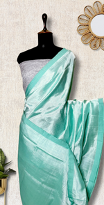 Load image into Gallery viewer, Handwoven silk cotton saree - Pale Turquoise + Tissue Grey
