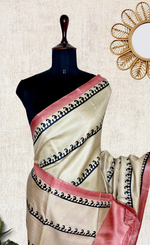 Load image into Gallery viewer, Handwoven Tussar Silk Saree - Mist White + Dusty Pink
