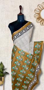 Load image into Gallery viewer, Handcrafted Cotton Saree - Soft Cream + Medium Brown
