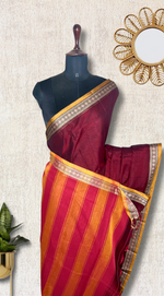 Load image into Gallery viewer, Narayanpet Cotton Saree - Persian Maroon + Dull Orange
