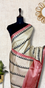 Load image into Gallery viewer, Handwoven Tussar Silk Saree - Mist White + Dusty Pink
