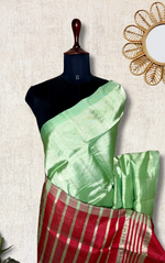 Load image into Gallery viewer, Handwoven Mangalgiri Silk Cotton Saree - Turquiose Green  + Wine Red
