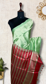 Load image into Gallery viewer, Handwoven Mangalgiri Silk Cotton Saree - Turquiose Green  + Wine Red
