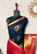 Load image into Gallery viewer, Handwoven Cotton Saree - Rose Black + Vibrant Red

