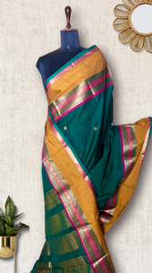 Kanchi Cotton Saree - Bottle Green + Zest Copper