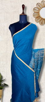 Load image into Gallery viewer, Handwoven Cotton Saree -  Teal Blue + Gold
