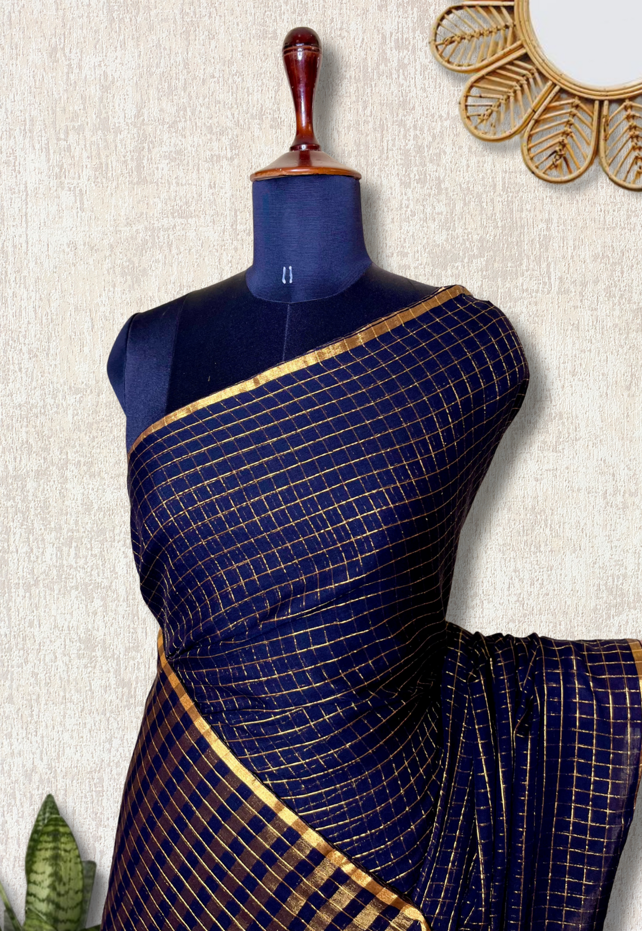 Handwoven Cotton Saree -  Russian Black + Gold