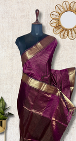 Load image into Gallery viewer, Handwoven Maheshwari Silk Cotton Saree - Brownish Purple+ Gold
