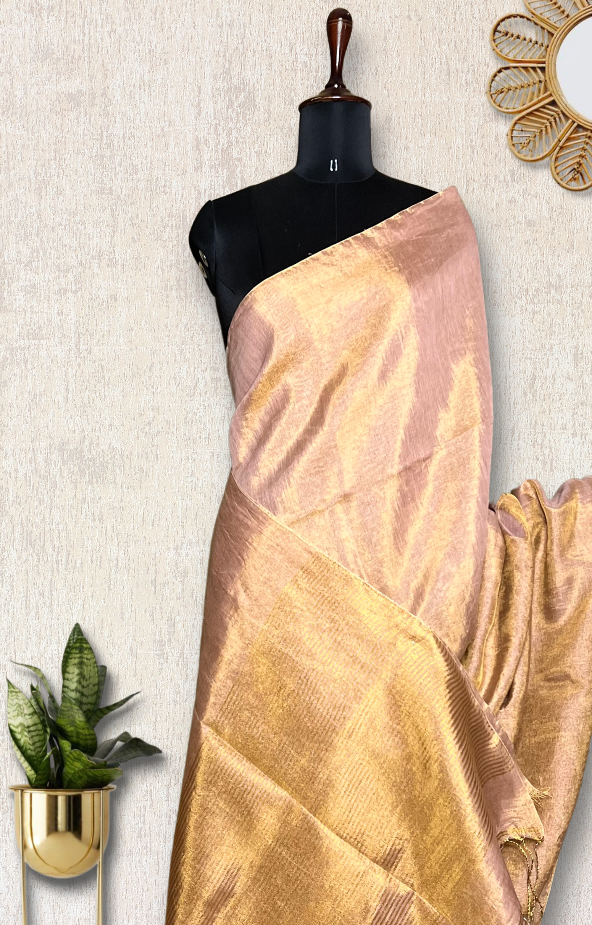 Handwoven Metallic Linen Tissue Saree - Peach Gold