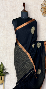 Load image into Gallery viewer, Handwoven Linen Saree - Rose Black + Zari
