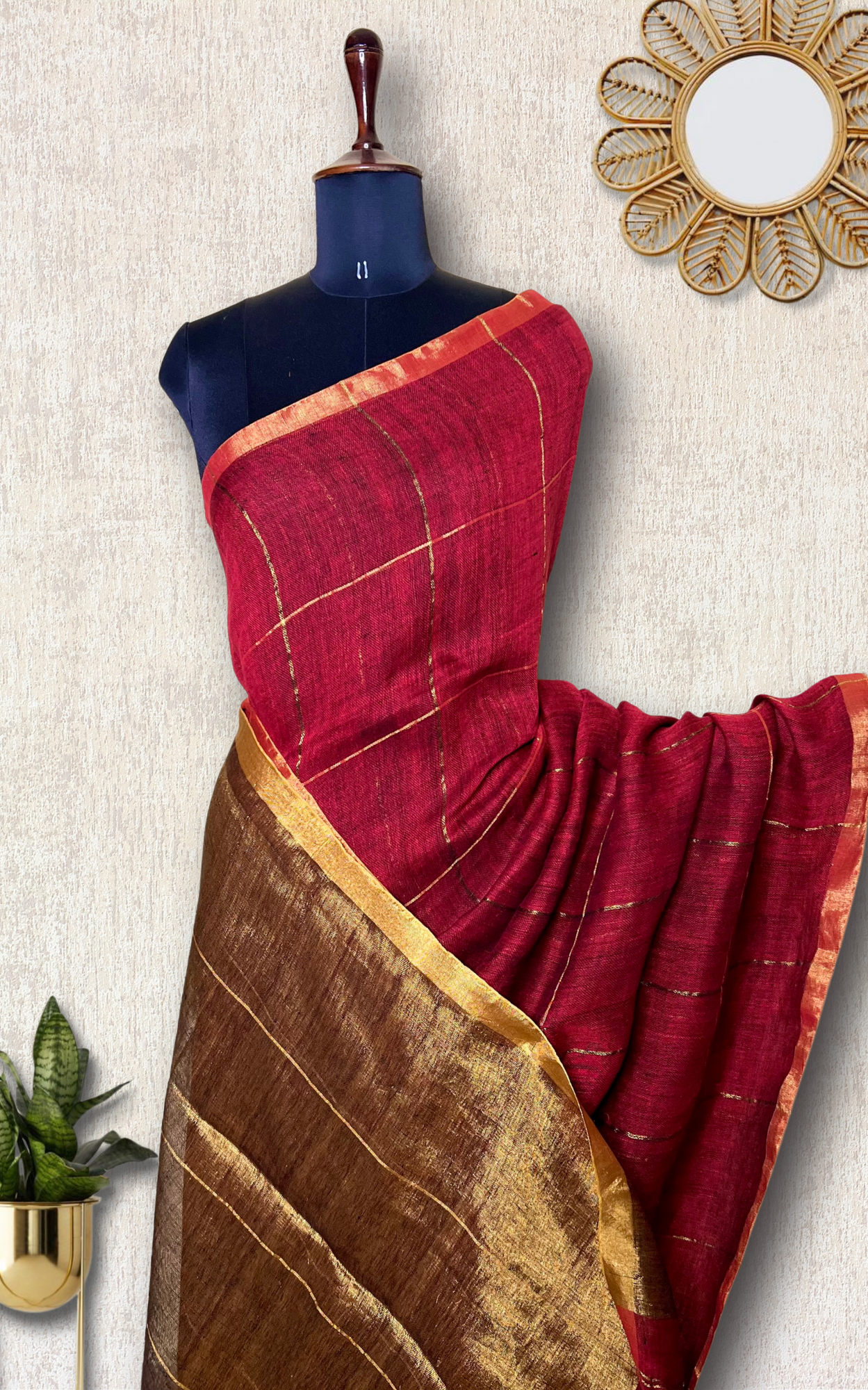 Handwoven Linen Saree - Mexican Red + Golden Zari