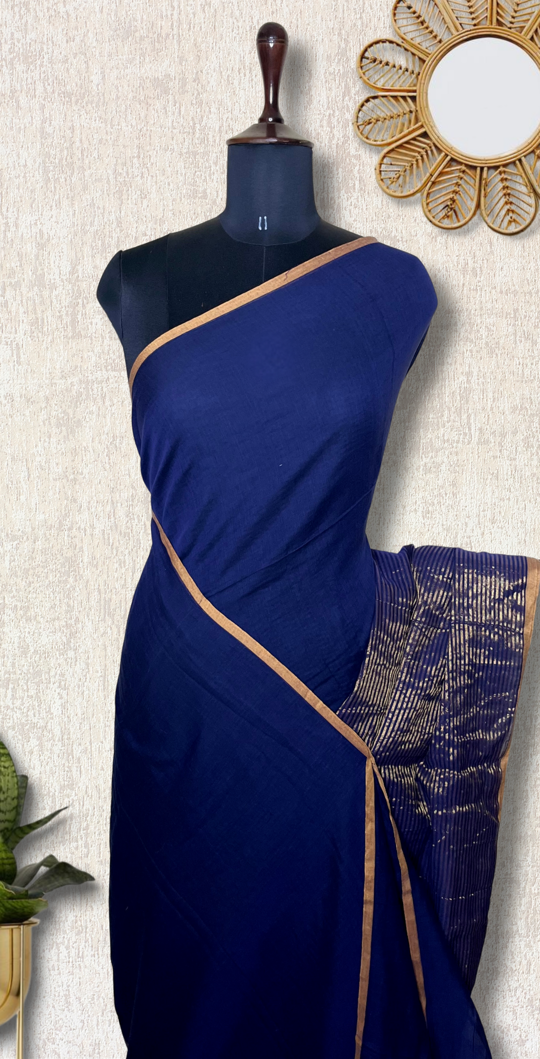 Handwoven Cotton Saree -  Persian Blue + Gold