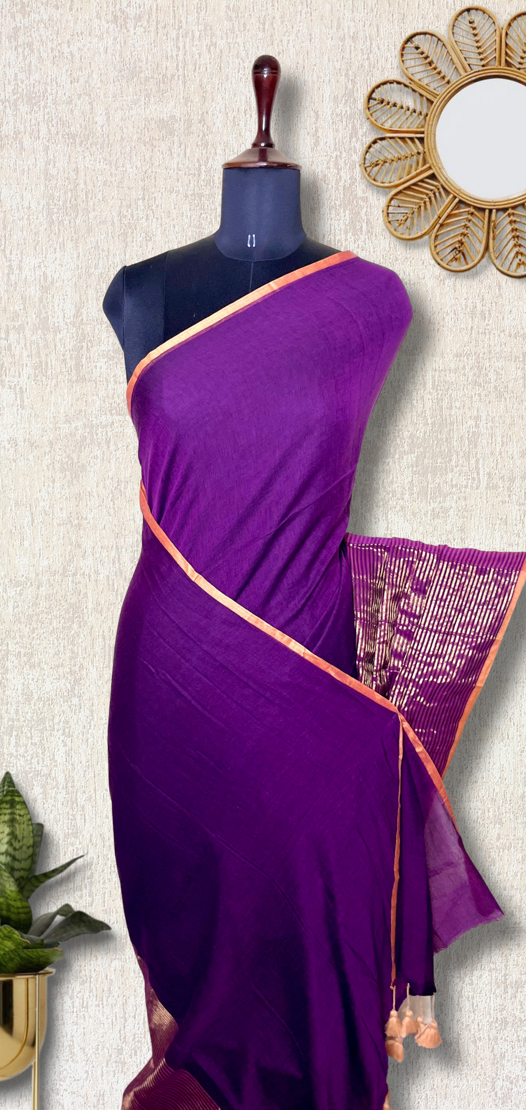 Handwoven Cotton Saree -  Electric Purple + Gold