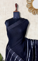 Load image into Gallery viewer, Handwoven Linen Saree - Black Pearl + Silver
