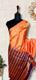 Load image into Gallery viewer, Handwoven Mangalgiri Silk Cotton Saree - Persian Orange + Brownish Purple
