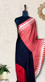 Load image into Gallery viewer, Ajrakh Modal Silk Hand Block Printed Saree - Madder Red Stripes + Black
