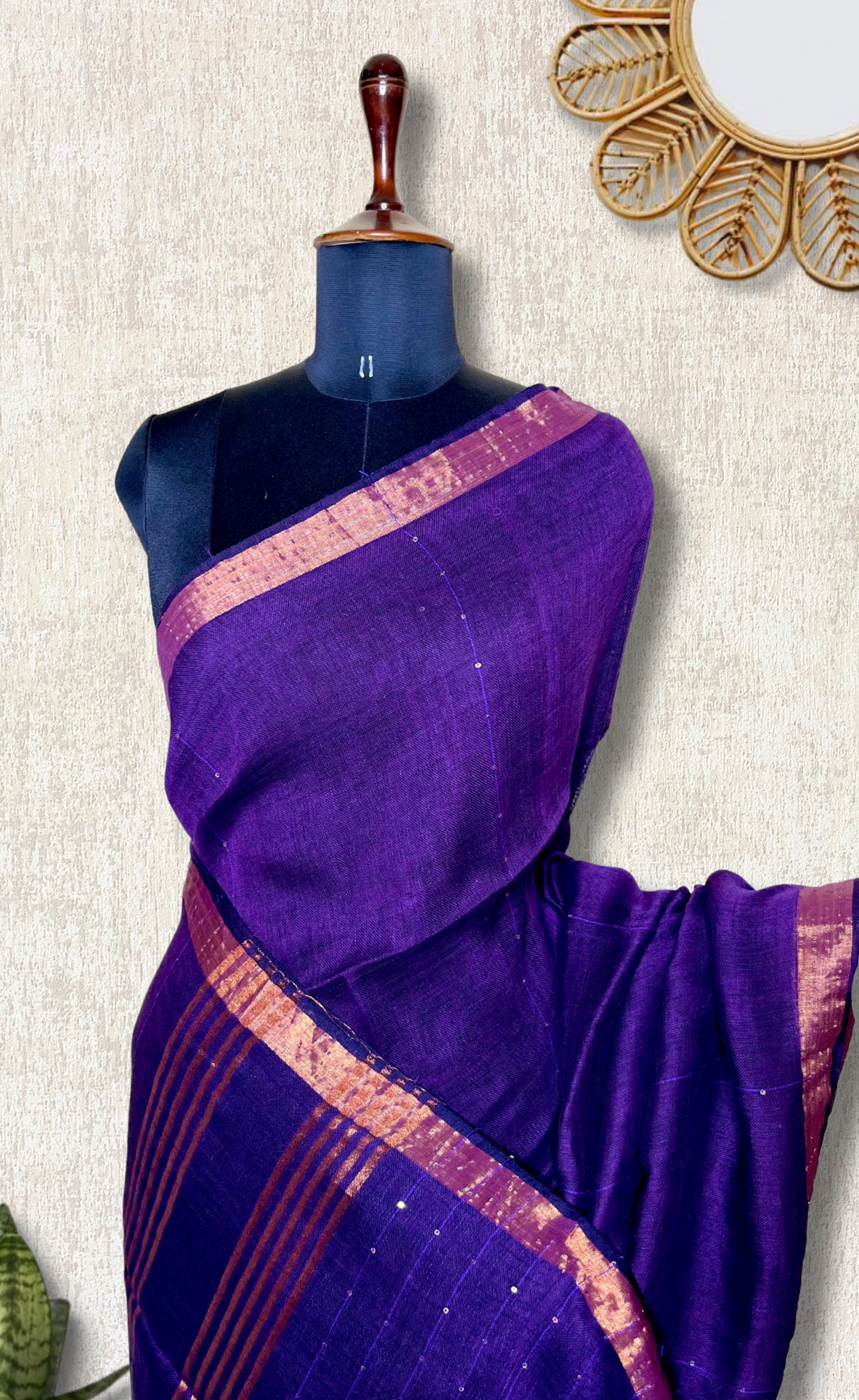 Handwoven Linen Saree -  Eggplant Purple + Gold