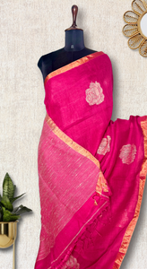 Handwoven Linen Saree - Rose Pink + Zari