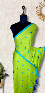 Load image into Gallery viewer, Handcrafted Cotton Saree - Earls Green + Bright Turquoise
