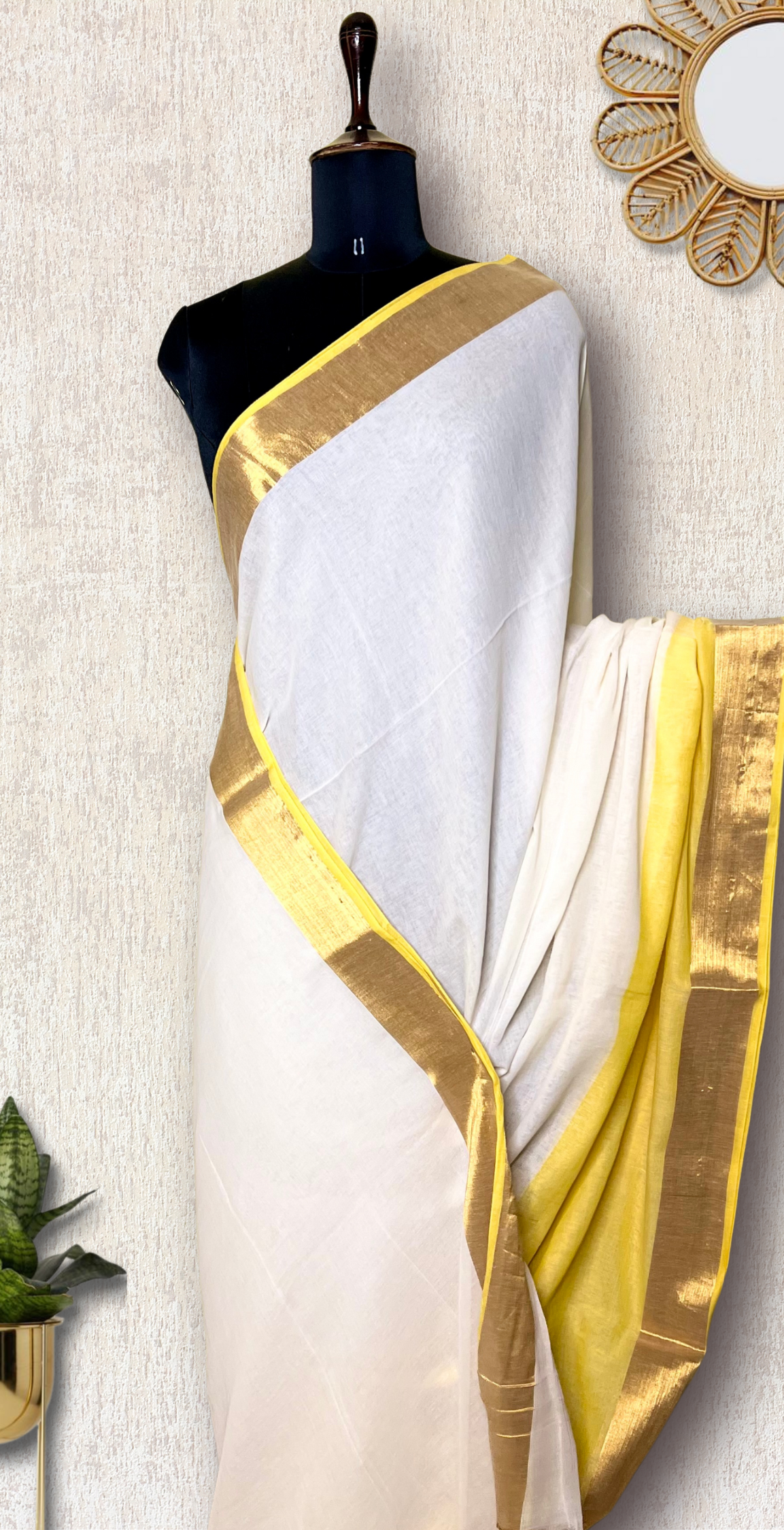 Handwoven Cotton Saree - Cream + Energy Yellow